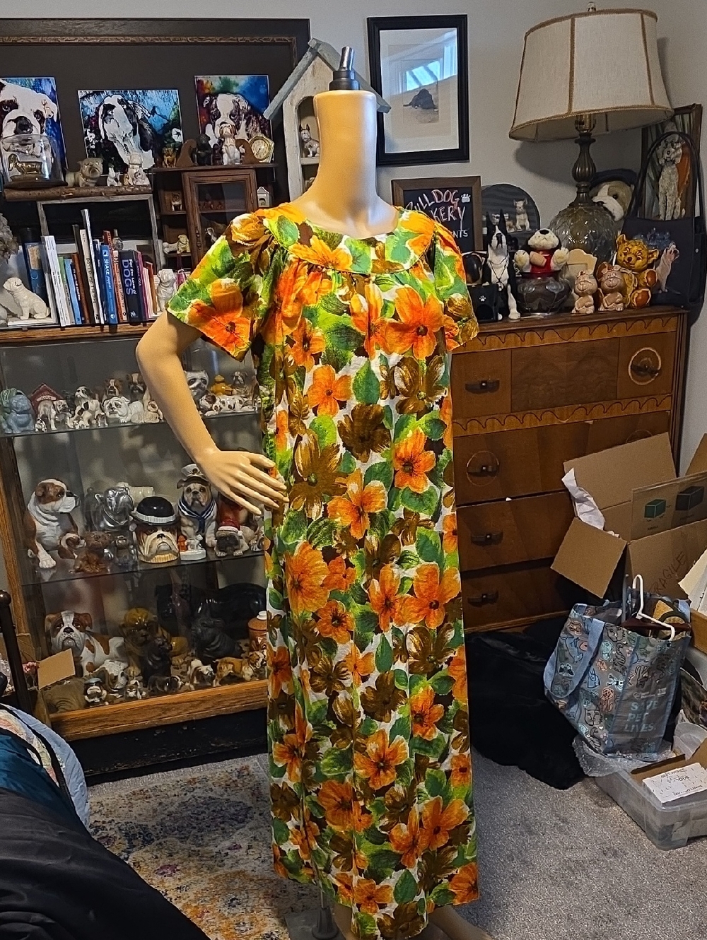 1960s/70s Tropical Orange & Green Floral Muumuu Dress